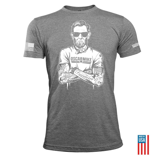 Tatted up Abraham Lincoln by Oscar Mike Apparel, made in the USA, Two Vets Clothing Co.