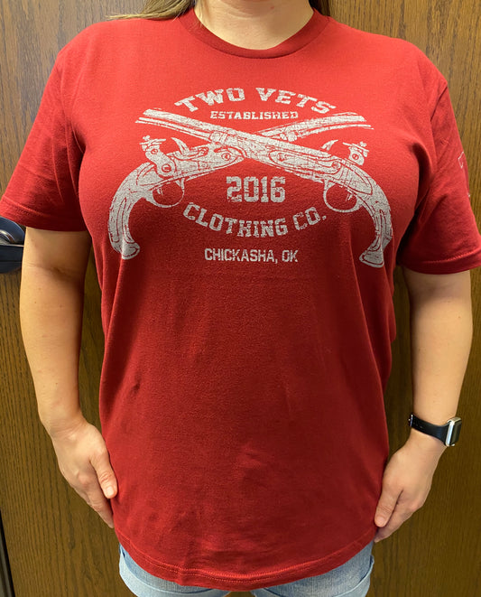 Two Vets Clothing Co logo white on Burgundy T-shirt