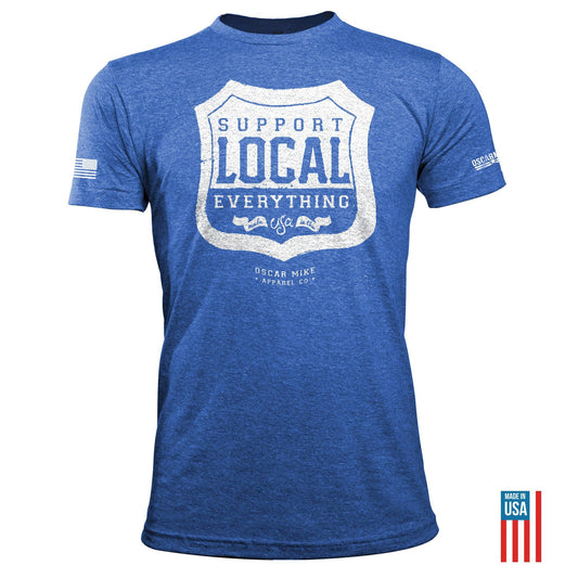 Oscar Mike SUPPORT LOCAL EVERYTHING Blue TEE, Two Vets Clothing Co.