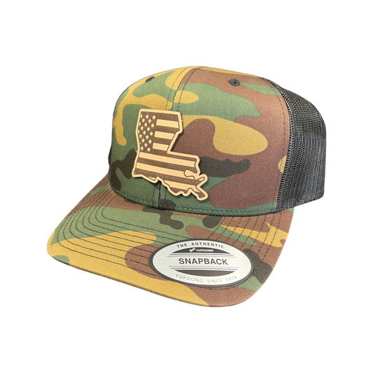 Louisiana Leather patch hat: Cammo/Black