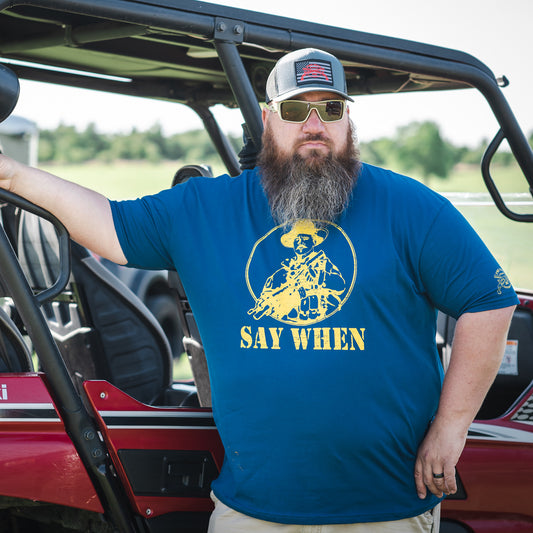 Say When Men's T-Shirt - Yellow on Royal Blue, Two Vets Clothing Co.