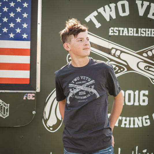 Two Vets Logo Men's T-Shirt - White on stone gray T-Shirt, Two Vets Clothing Co.