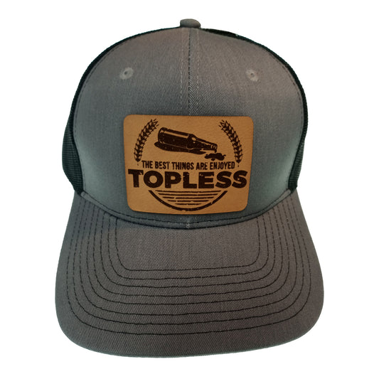 Leather logo Topless Trucker hat gray and black back, Two Vets Clothing Co