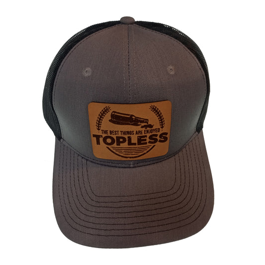 Leather logo Topless Trucker hat gray and black back, Two Vets Clothing Co
