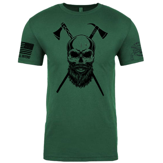 Two Vets Clothing Co Skull AX Man black design on green T-shirt